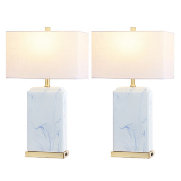 Chloe 24.5" Modern Coastal Iron/Marbled Ceramic LED Table Lamp with USB Charging Port - JONATHAN Y